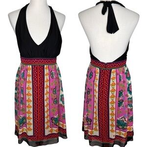 Suzi Chin For Maggy Boutique Silk Halter Dress Size 8P Black V Neck Floral Print